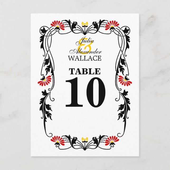 Elegant Leaf Florals & Swirls Table Number Card (Front)