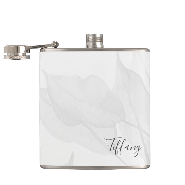 Elegant Leaf Gray Watercolor Personalized Name Hip Flask (Opened)
