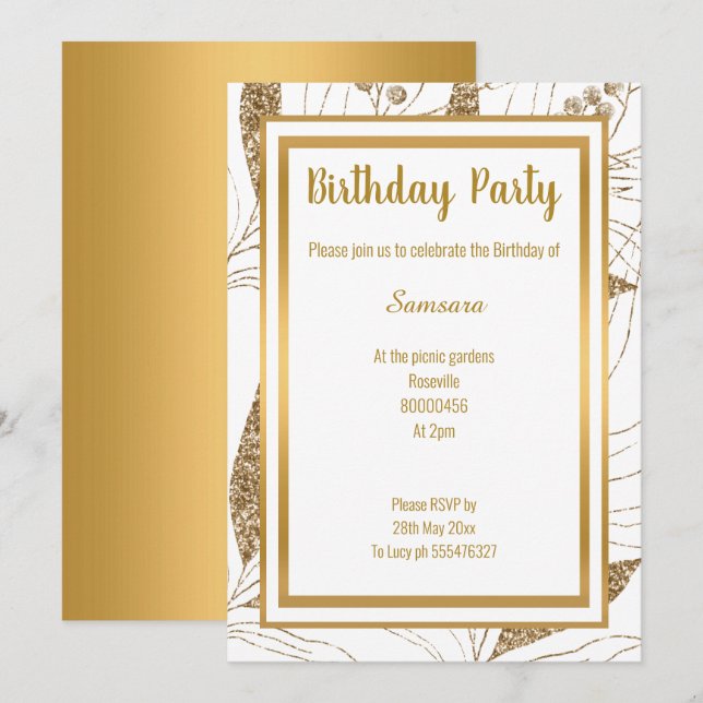 ELEGANT LEAF LAYER GOLD ALL OCCASION BIRTHDAY  INVITATION (Front/Back)