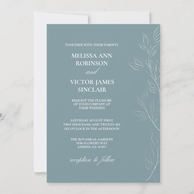 Elegant Leaf Light Blue Wedding Invitation (Front)