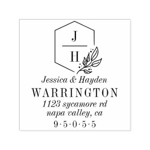 Elegant Leaf Monogram Frame Wedding Address Self-inking Stamp