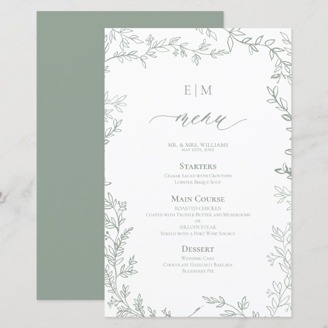 Elegant Leaf Sage Green Monogram Wedding Menu (Front/Back)