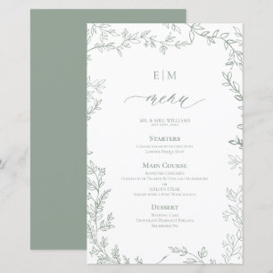 Elegant Leaf Sage Green Monogram Wedding Menu