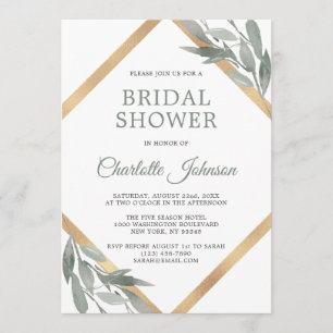 Elegant Leaf Sage Olive Gold Foil BRIDAL SHOWER Invitation