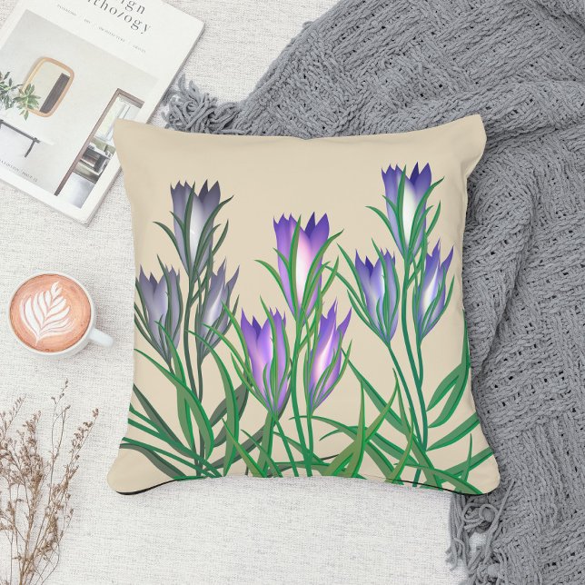 Elegant leafy bunch of flowers blue purple beige throw pillow (Creator Uploaded)