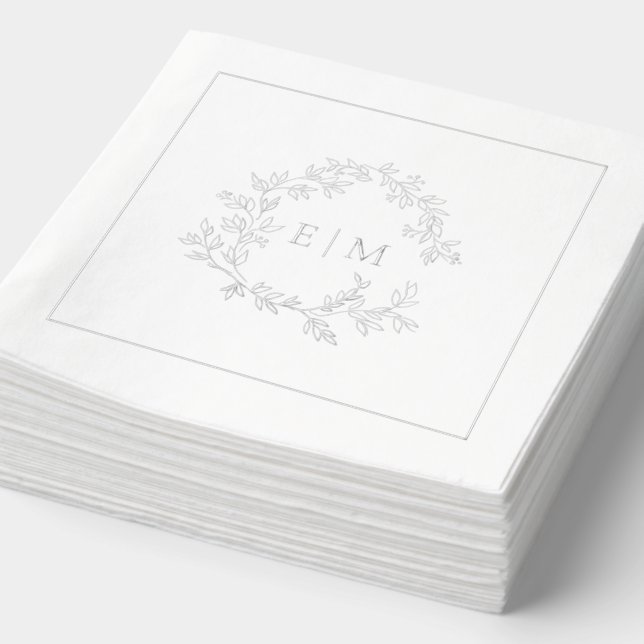 Elegant Leafy Crest Monogrammed Wedding Silver Foil Napkins (Detail)