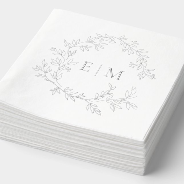 Elegant Leafy Crest Monogrammed Wedding Silver Foil Napkins (Detail)