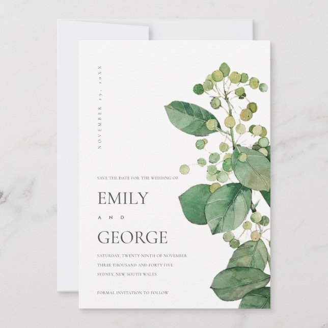 ELEGANT LEAFY FOLIAGE GREENERY SAVE THE DATE CARD (Front)