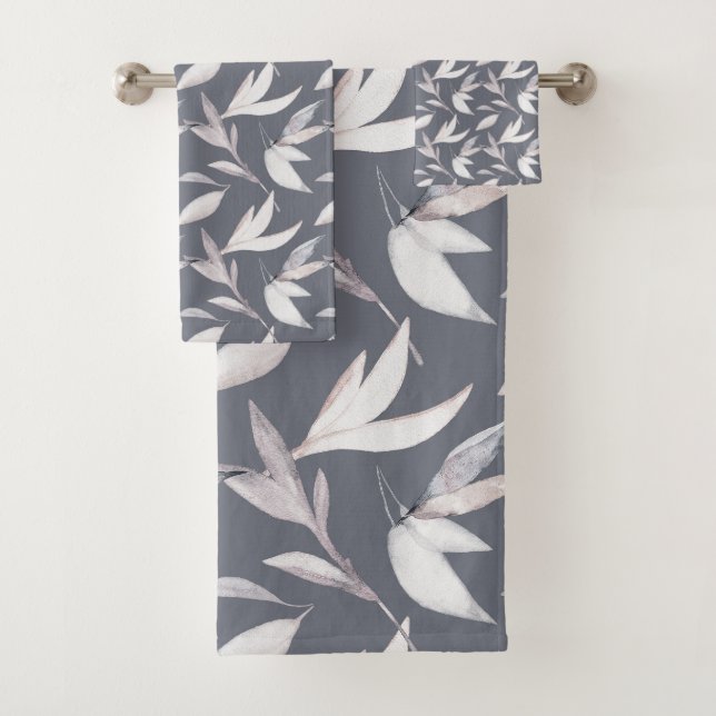 Elegant Leafy Grey Modern Botanical  Bath Towel Set (Insitu)