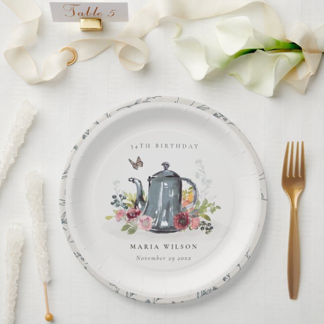 Elegant Leafy Rose Floral Teapot Any Age Birthday Paper Plate (Wedding)
