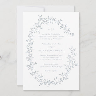 Elegant Leafy Wreath Blue Laurel Botanical Wedding Invitation