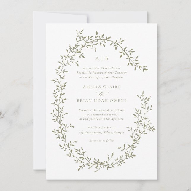 Elegant Leafy Wreath Sage Laurel Botanical Wedding Invitation (Front)