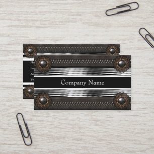 Elegant Leather Brown Metal Silver Business Card