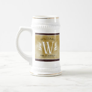Elegant Leather Leaf & Vintage Paper Surname Motto Beer Stein