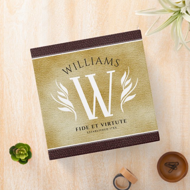 Elegant Leather Leaf & Vintage Paper Surname Motto Binder (In Situ)