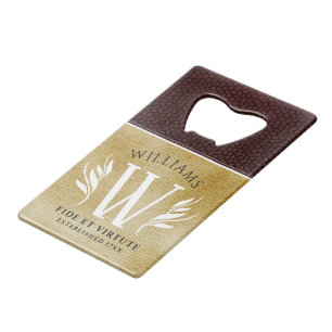 Elegant Leather Leaf & Vintage Paper Surname Motto Credit Card Bottle Opener