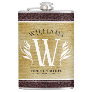 Elegant Leather Leaf & Vintage Paper Surname Motto Hip Flask
