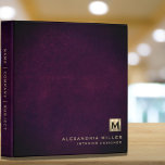 Elegant Leather Luxury Gold Monogram Binder<br><div class="desc">Elegant Brushed Metallic Gold Monogram Medallion Classic Block Typography Initial Name Title Custom Text Purple Leather Print Home Office Work School Recipe 3 ring binder</div>