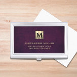 Elegant Leather Luxury Gold Monogram Business Card Holder<br><div class="desc">Simple modern luxury design with brushed metallic gold initial logo medallion with personalized name,  title,  company name or custom text below in classic block typography on a purple leather textured background. Personalize for your custom use.</div>