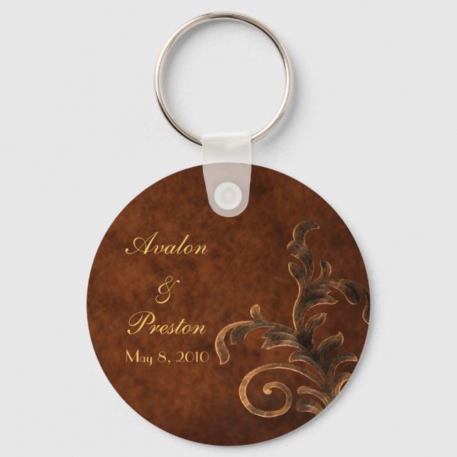 Elegant Leather Scroll Leaf Wedding Favour Keychain (Front)