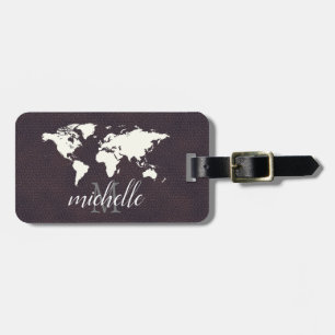 Elegant Leather Travel World - Map Airplane Luggage Tag