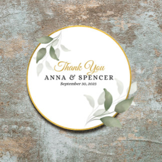 Elegant Leaves and Circle Gold Thank You Wedding Classic Round Sticker