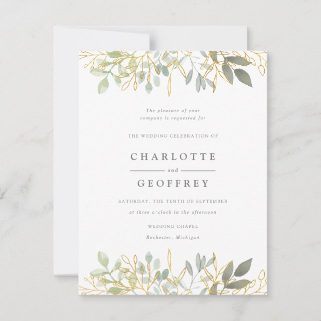 Elegant leaves and gold wedding invitation (Front)