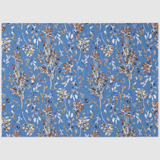  Elegant Leaves Berries Blue Watercolor Floral Tissue Paper (Front)