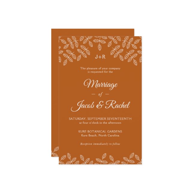 Elegant Leaves Deep Orange Fall Wedding Invitation (Front/Back In Situ)