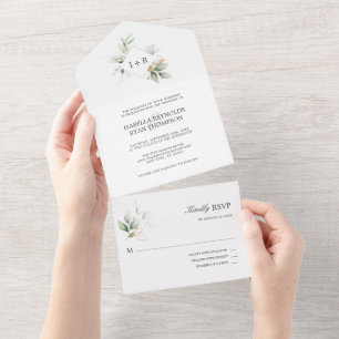 ELEGANT Leaves Foliage Gold Watercolor WEDDING All In One Invitation