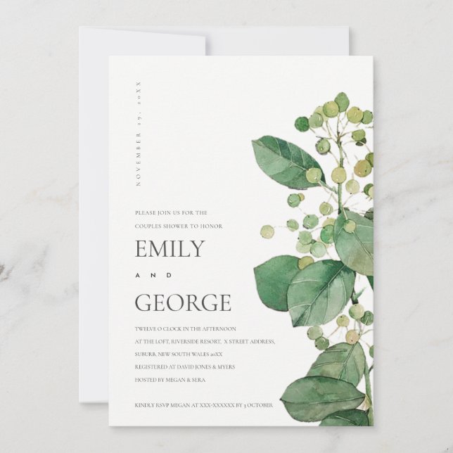 ELEGANT LEAVES FOLIAGE GREENERY COUPLE SHOWER CARD (Front)