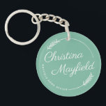 Elegant Leaves Green Personalized Name Business Keychain<br><div class="desc">Stylish custom round sticker design for a small business owner features your first and last name in modern calligraphy script framed by a round wreath with rustic chic laurel leaves. Personalize the curved text with a business name or other preferred wording. Jade green and white colours can be modified.</div>