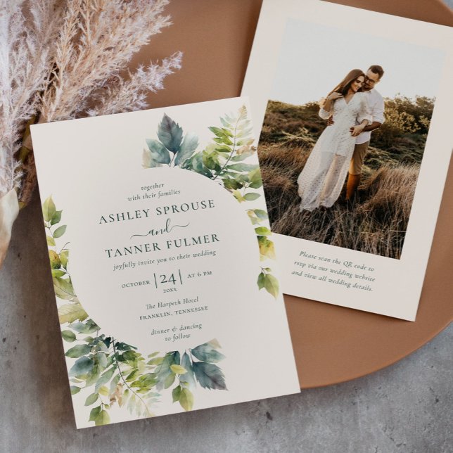 Elegant Leaves Greenery QR Code Photo Wedding Invitation (Creator Uploaded)