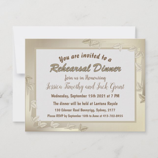 Elegant Leaves in Gold Wedding Rehearsal Dinner Invitation (Front)