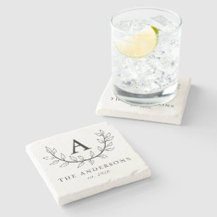 Elegant Leaves Monogram Stone Coaster