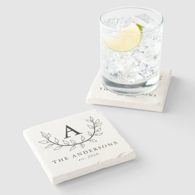Elegant Leaves Monogram Stone Coaster (Side)