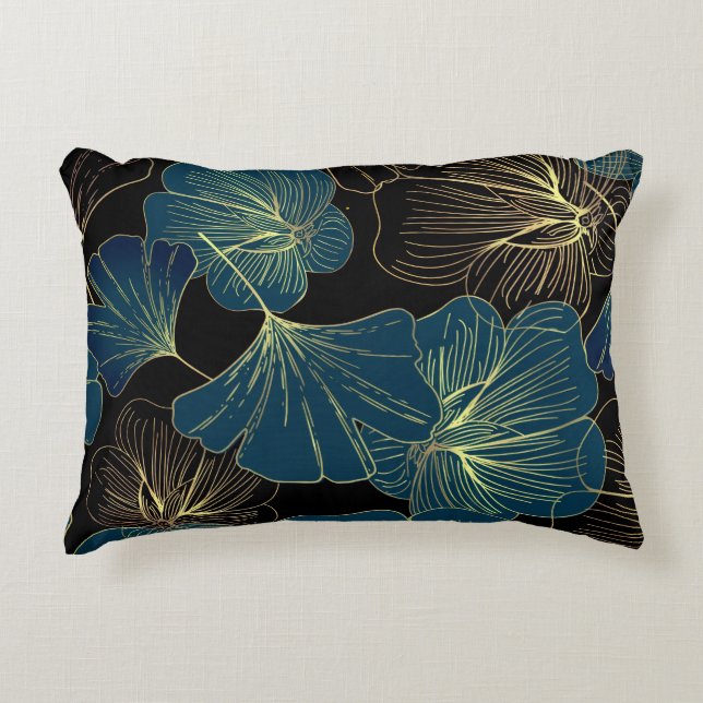 Elegant Leaves of Blue With Gold Lines Botanical Accent Pillow (Front)