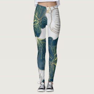 Elegant Leaves of Blue With Gold Lines Botanical Leggings