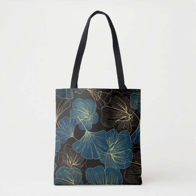 Elegant Leaves of Blue With Gold Lines Botanical Tote Bag (Front)