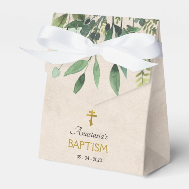Elegant Leaves Orthodox Christian Baptism Favor Box (Front Side)
