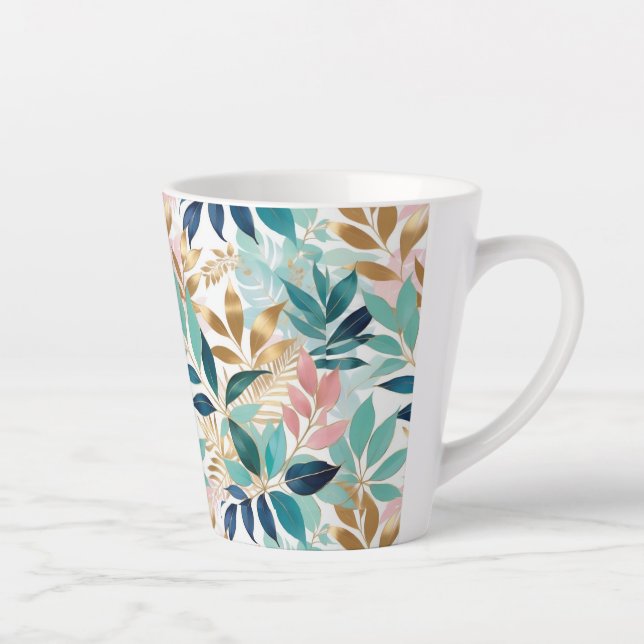 Elegant Leaves Pattern Aqua Pink Faux Gold Pretty Latte Mug (Right)