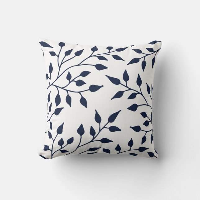 Elegant Leaves Throw Pillow / Navy White (Front)