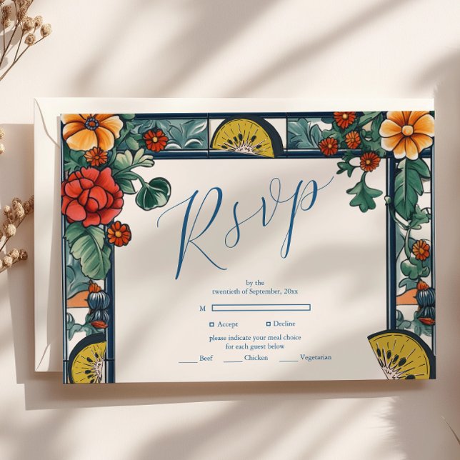 Elegant Lemon Botanical Blue Mediterranean wedding RSVP Card (Creator Uploaded)