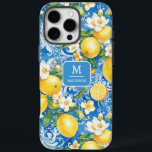 Elegant Lemon Citrus Monogram Personalized Name iPhone 16 Pro Max Case<br><div class="desc">Elegant Lemon Citrus Monogram Personalized Name iPhone 16 Pro Max Cases features your monogram and personalized name in an elegant script typography on a modern blue and yellow pattern of lemons and blossoms. Perfect gift for her for birthday, mom for Mother's Day, sister or bestie for Christmas and holidays. Designed...</div>