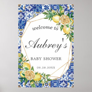 Elegant Lemon Floral Geometric Baby Shower Welcome Poster