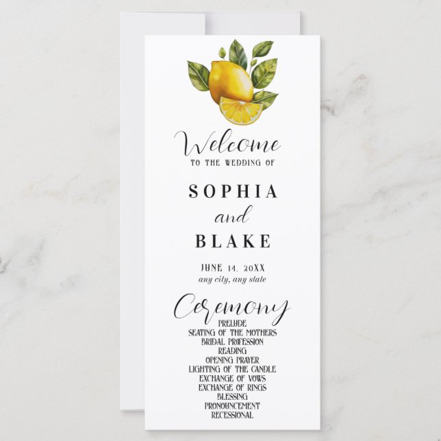 Elegant Lemon & Greenery White Wedding Program (Front)