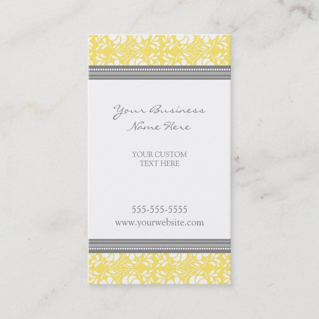 Elegant Lemon Grey Damask Business Cards (Front)
