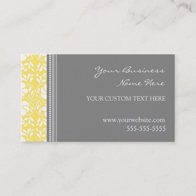 Elegant Lemon Grey Damask Business Cards (Front)