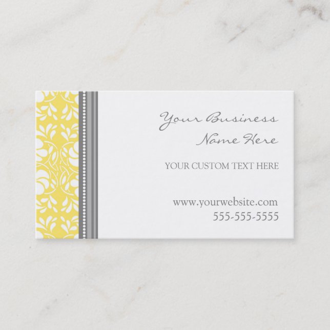 Elegant Lemon Grey Damask Business Cards (Front)