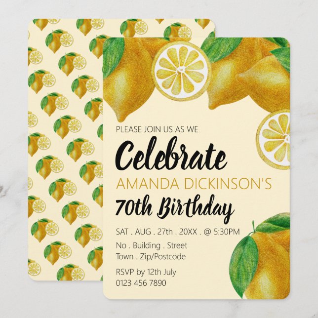 Elegant Lemon Sketch Birthday Invitation (Front/Back)